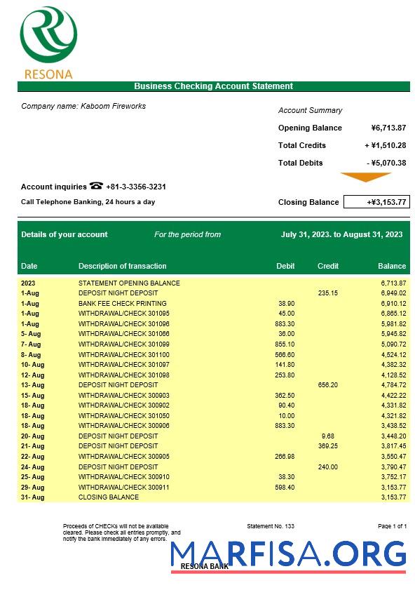 Blank Resona Bank company checking account statement Word and PDF template